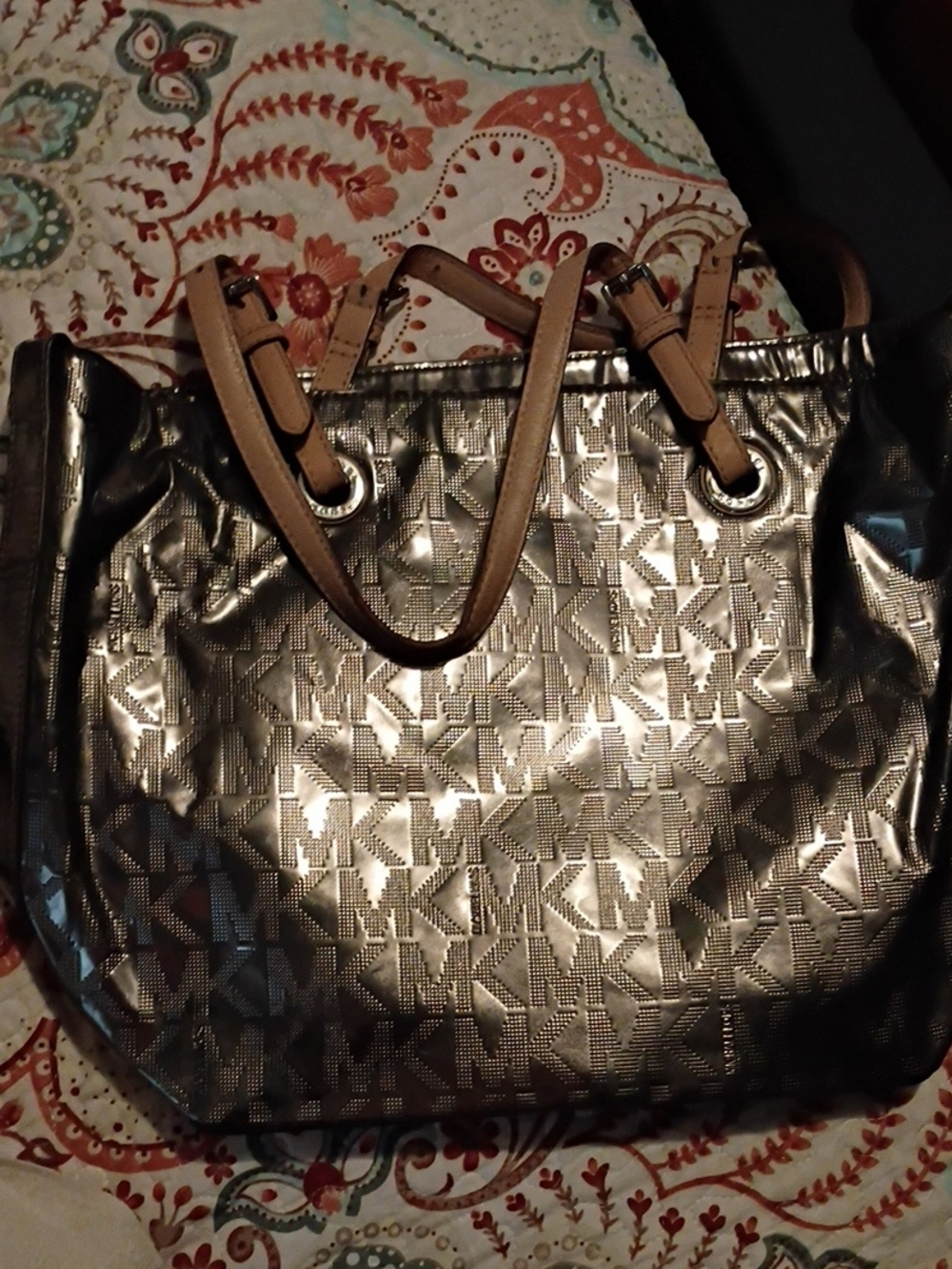 Michael Kors Metallic Silver MK Tote with Tan Straps